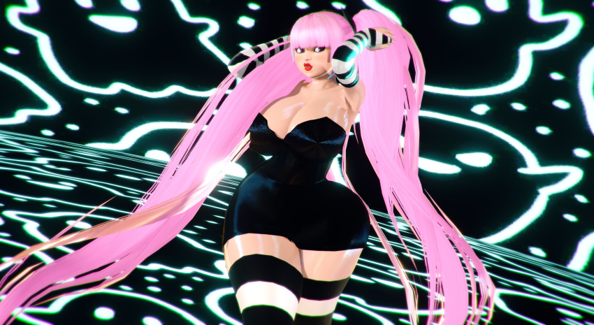 1girls 3d big_breasts black_dress elbow_gloves female female_focus female_only fingerless_gloves gloves hands_behind_head honey_select large_breasts lips long_hair one_piece perona pink_hair prevence red_lips reference_work solo_female striped_gloves striped_legwear thick_thighs thighs twintails very_long_hair