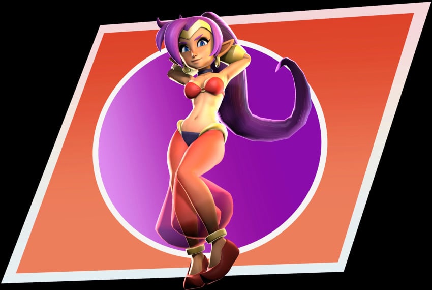 1girls blue_eyes chewychan female female_only hands_behind_head looking_at_viewer purple_hair shantae shantae_(character) smooth_skin smug solo transparent_clothing