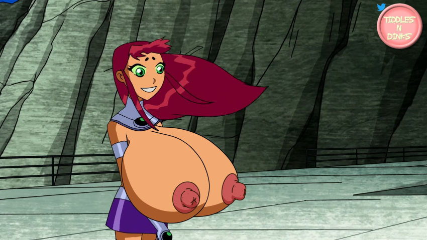 alternate_version_available big_nipples breasts_out dc edit erect_nipples gigantic_breasts gigantic_nipples green_eyes hyper_breasts outside red_hair screenshot screenshot_edit skirt smile starfire teen_titans tiddlesndinks wind