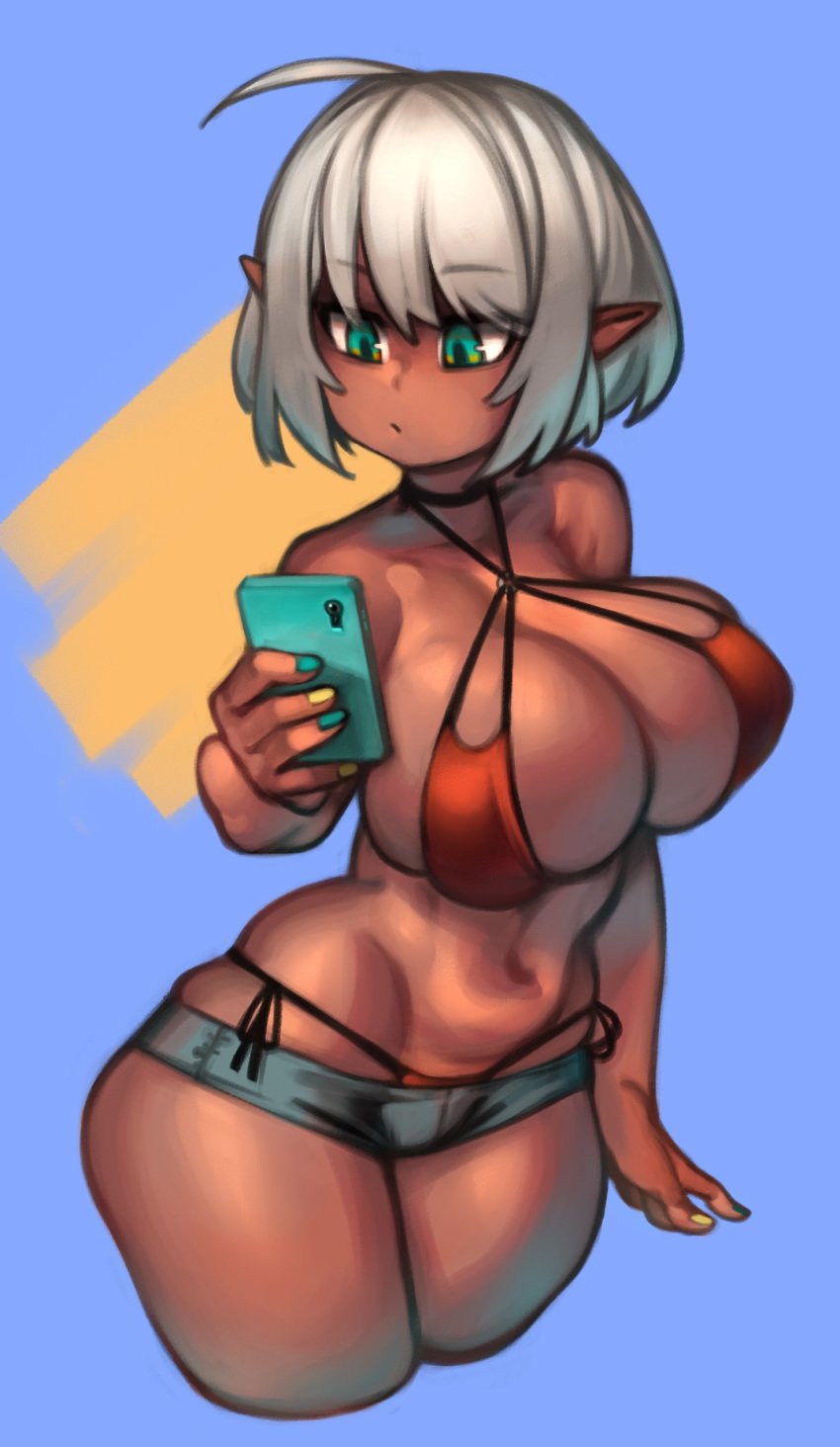 1girls ahoge big_breasts bikini blue_nail_polish choker cleavage_cutout dark-skinned_female dark_elf dark_skin elf female female_only green_eyes hip_squish holding_phone kelvin_hiu kuu_(zanamaoria) looking_at_phone medium_hair original pointy_ears short_shorts side-tie_panties sideboob smartphone solo solo_female unamused very_high_resolution white_hair wide_hips yellow_nail_polish