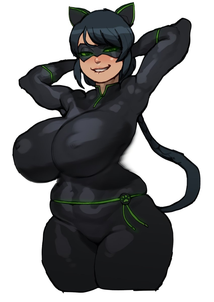 armpits arms_behind_back arms_behind_head arms_up ass big_breasts big_hips bite biting_lip bodysuit breasts busty curvy female female_only huge_ass huge_breasts ladynoir_(character) marinette_cheng marinette_dupain-cheng miraculous_ladybug seductive seductive_smile shaking_breasts simple_background skin_tight smile solo standing superheroine thick_thighs tight_clothing tod0231 venus_body voluptuous wide_hips