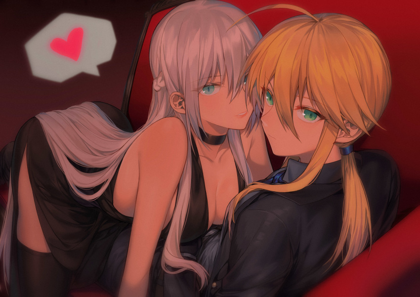 2girls absurd_res ahoge all_fours aqua_eyes artoria_pendragon artoria_pendragon_(fate) artoria_pendragon_(lancer) ass black_dress black_legwear blonde_hair braid breasts choker cleavage couch dress fate/grand_order fate_(series) female_ass formal french_braid from_side green_eyes hair_between_eyes heart highres incest large_breasts long_hair looking_at_viewer low_ponytail lying morgan_le_fay_(fate) multiple_girls no_bra parted_lips side_braid side_slit sidelocks silver_hair sisters sofa spoken_heart suit thighhighs type-moon yorukun yuri