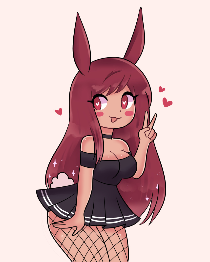 :3 anthro black_dress blush blush_stickers bunny_ears bunny_girl fishnet_stockings heart heart-shaped_pupils large_breasts open_mouth peace_sign red_hair suley-nsfw tagme