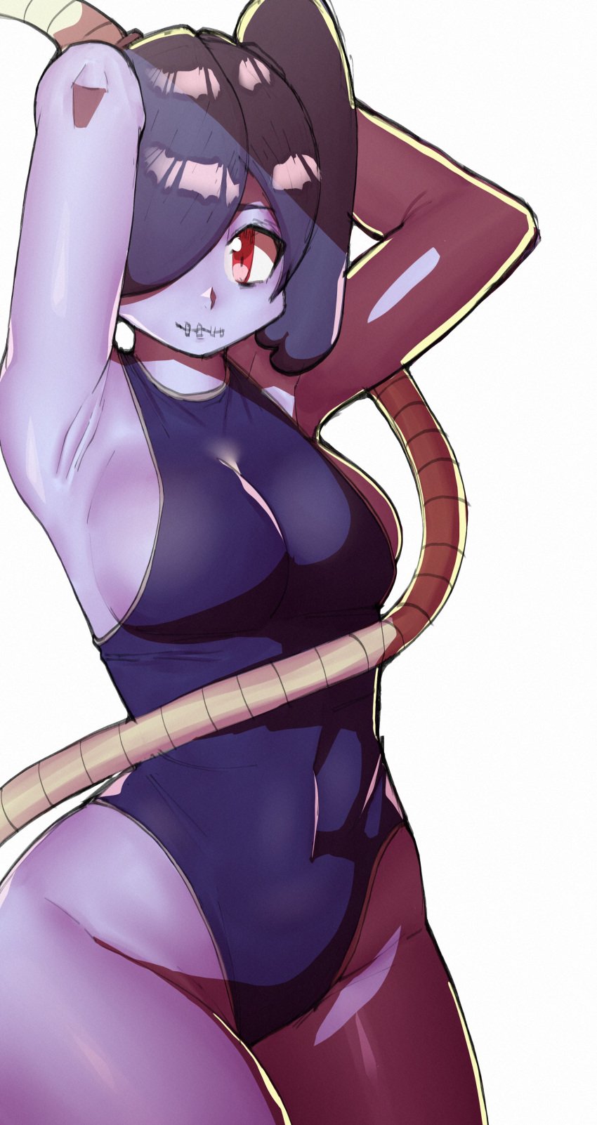 1girls armpits blue_skin breasts doublehero eye_contact female leviathan_(skullgirls) looking_at_viewer purple_hair purple_skin red_eyes skullgirls squigly swimsuit thick_thighs thighs white_background wide_hips