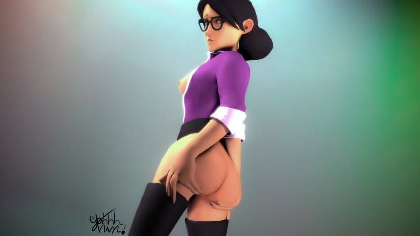 1girls 3d ass ass ass_focus black_hair breasts female glasses miss_pauling solo source_filmmaker team_fortress_2 thighhighs ughhh..._vinyl! valve