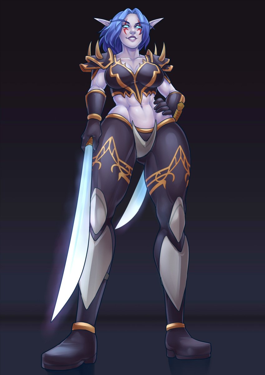 2020 2d alliance_(warcraft) armor blizzard_entertainment blue_hair clothed cuti-chan death_knight dressed elf elf_ears female female_only femdom glowing_eyes melwinne night_elf night_elf_death_knight notcuti original_character pointy_ears solo sword warcraft world_of_warcraft