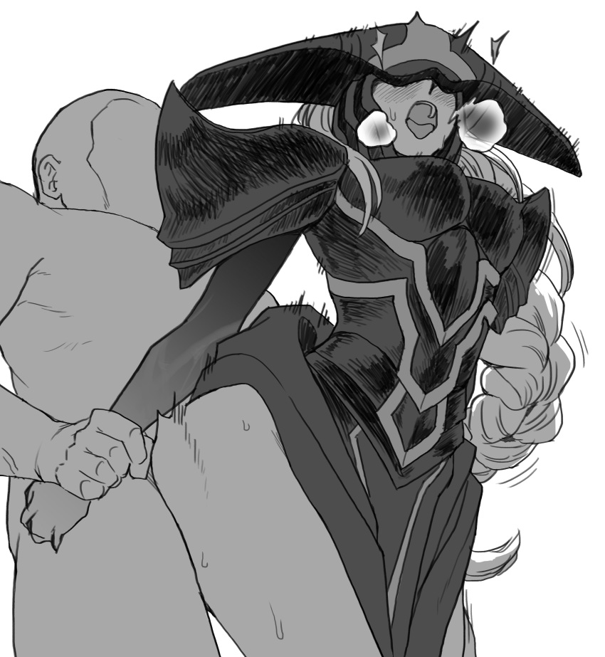 1boy absurdres armor blush clothed_sex cyrano faceless faceless_male female greyscale hatching_(texture) helmet highres league_of_legends lissandra long_hair monochrome open_mouth pauldrons sex shoulder_armor simple_background speed_lines sweat teeth tongue upper_teeth white_background