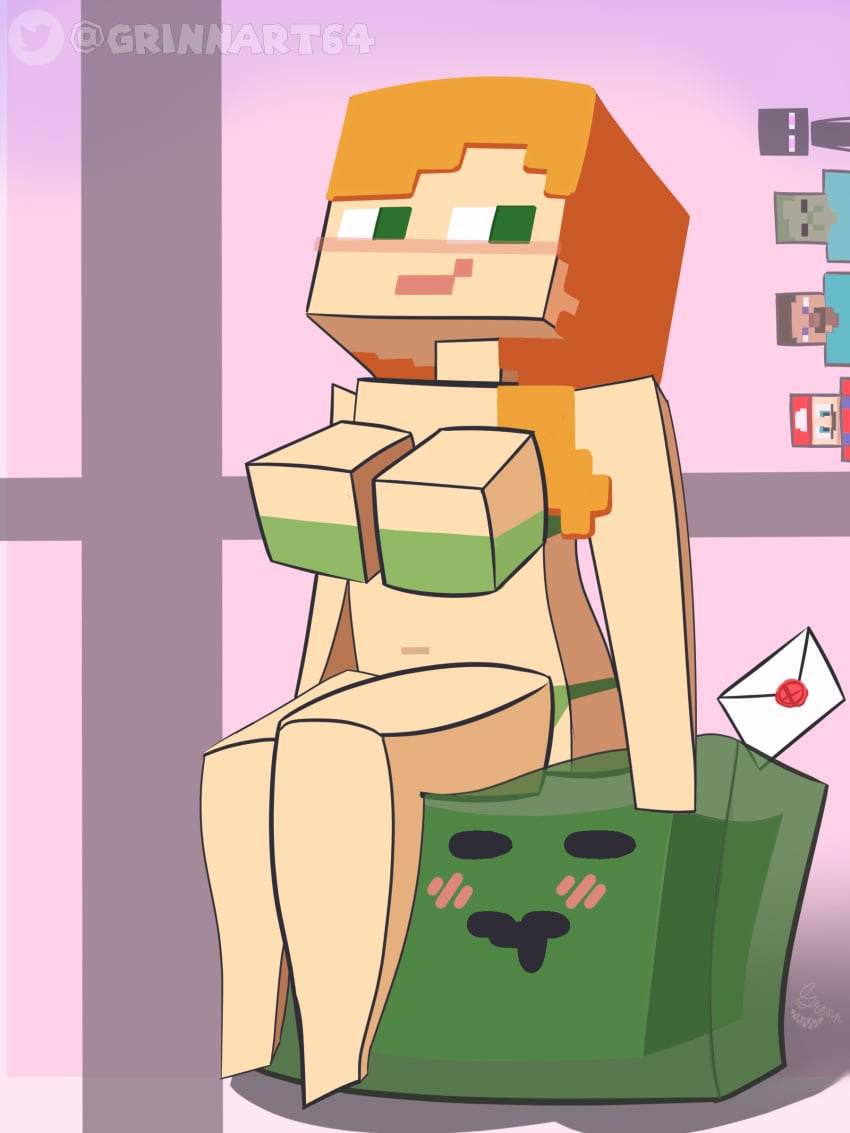 alex_(minecraft) blush breasts creative_censorship cube_head cubic_body cubic_breasts enderman female green_eyes green_underwear grinnart64 huge_breasts letter mario mario_(series) minecraft navel orange_hair ponytail pose slime slime_(minecraft) smile square_head steve_(minecraft) super_smash_bros. zombie_(minecraft)