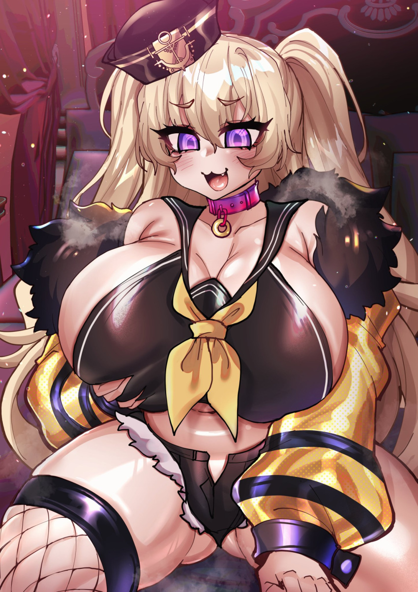 :3 aged_up ass_visible_through_thighs azur_lane bache_(azur_lane) big_breasts blonde_hair choker cleavage collar fishnets groping_self hat huge_breasts mature_female osiimi purple_eyes spread_legs thick_thighs thighhighs twintails