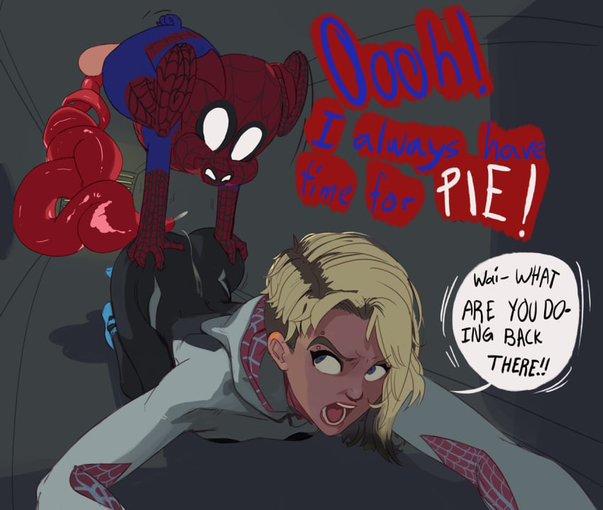 1boy 1girls angry animal_genitalia animal_penis ass balls big_penis blonde_hair blue_eyes clothed corkscrew_penis costume dialogue english_text eyebrow_piercing female gwen_stacy gwen_stacy_(spider-verse) hoodie huge_cock human imminent_rape imminent_sex interspecies male marvel mask open_mouth penis peter_porker pig pig_penis polyle rape sex small_but_hung spider-gwen spider-ham spider-man:_into_the_spider-verse spider-man_(series) spiral_penis straight testicles top-down_bottom-up zoophilia