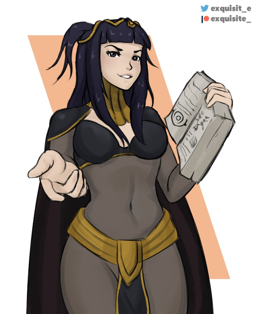 1girls big_breasts black_eyes black_hair bodystocking book cape exquisite_ fire_emblem fire_emblem_awakening long_hair looking_at_viewer nintendo pelvic_curtain reaching_out see-through solo solo_female tharja_(fire_emblem) the_grovekeeper