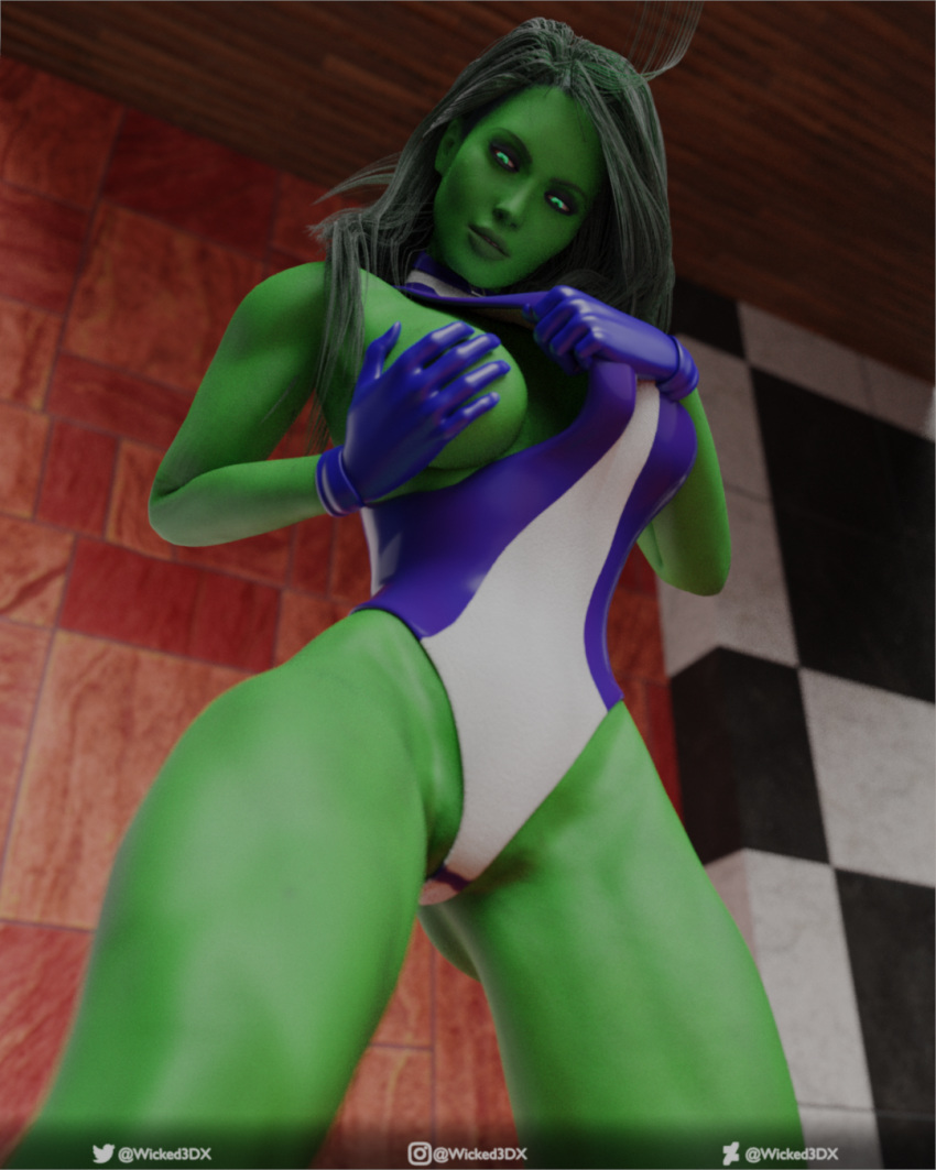 1girls 3d 3d_(artwork) big_breasts breast_out breasts female female_only gloves green_body green_eyes green_hair green_skin heroine hourglass_figure hulk_(series) large_breasts leotard long_hair low-angle_view marvel marvel_comics she-hulk slim_waist solo superheroine thighs wicked3dx