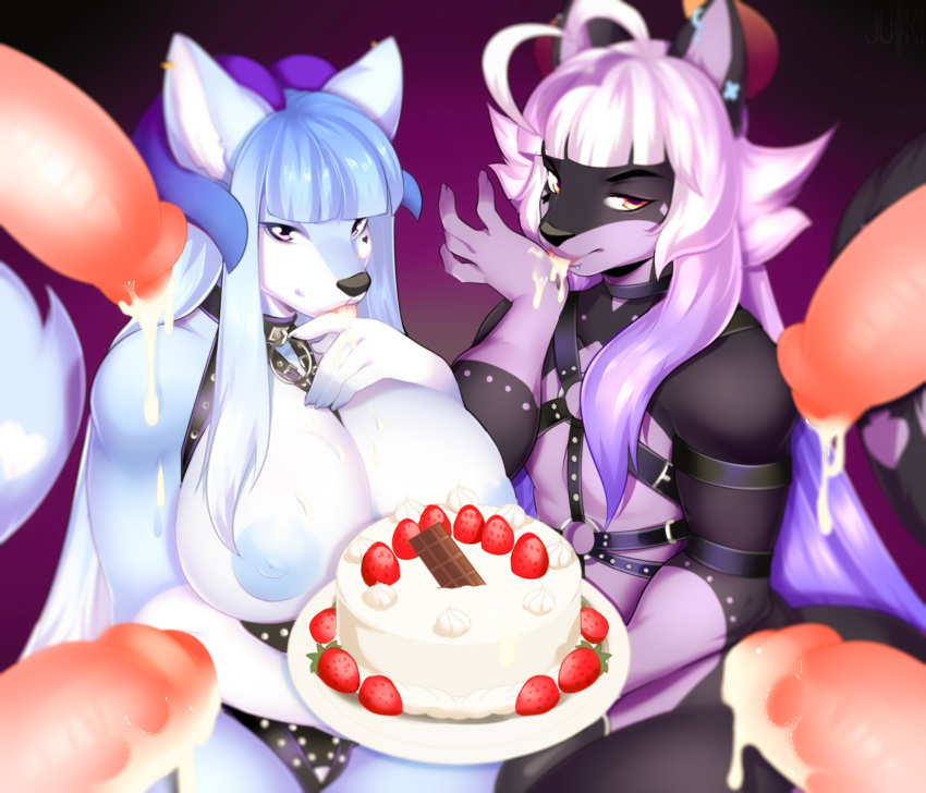 anthro bangs bedroom_eyes big_breasts birthday_cake black_body black_fur black_markings black_nose blue_body blue_fur blue_hair blue_horn blue_nipples blunt_bangs bodily_fluids breasts cake candy canid canid_demon canine canis chocolate chocolate_bar claws collar cum cum_drip demon diamond_marking disembodied_penis doberman doberman_(species) doberman_pinscher domestic_dog dripping ear_piercing facial_piercing female food frosting fruit fur fur_markings genital_fluids genitals girly gold_piercing group hair harness heart_marking hellhound hi_res holding_plate horn icing ju-ki leather leather_harness licking licking_cum licking_paws lip_piercing long_hair looking_at_viewer male mammal markings metal_ring mochi_kokoro narrowed_eyes nipple_piercing nipples orange_eyes orange_horn penis piercing pink_hair pink_tongue pinscher plant plate purple_body purple_eyes purple_fur purple_hair purple_horn red_horn ring_harness seductive seductive_eyes simple_background spades straight strawberry studded_harness studs taro_sucre tongue tongue_out white_body white_fur white_hair