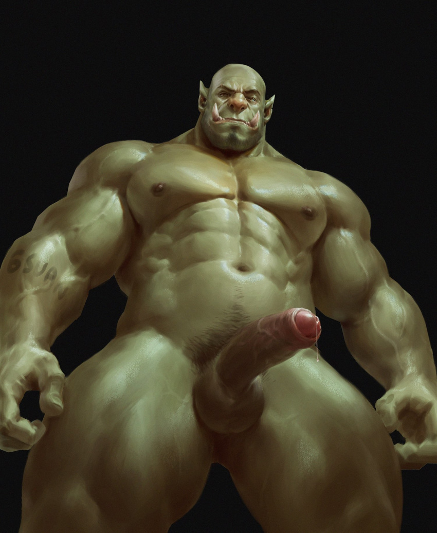 1male 6suan abs bald balls balls_outline black_background erection facial_hair foreskin genitals green_skin hi_res humanoid humanoid_genitalia humanoid_penis intact low-angle_view male male_nipples male_only male_pubic_hair muscles muscular_humanoid muscular_male nude_male orc orc_humanoid orc_male pecs penis pointy_ears precum precum_drip pubes scrotal_raphe scrotum simple_background smooth_skinned_male solo soul_patch testicles tusks uncut veiny_arms veiny_penis