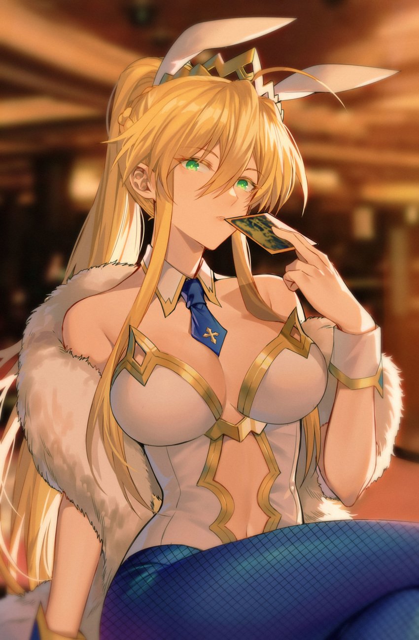 1girls absurdres ahoge animal_ears artoria_pendragon artoria_pendragon_(lancer) artoria_pendragon_(swimsuit_ruler) bare_shoulders blonde_hair blue_legwear blurry blurry_background breasts bright_pupils bunny_ears center_opening cleavage colored_eyelashes crown depth_of_field detached_collar fate/grand_order fate_(series) feather_boa fishnet_legwear fishnets green_eyes hair_between_eyes highres huge_breasts indoors large_breasts legs_crossed leotard long_hair looking_at_viewer looking_back mini_necktie navel pantyhose ponytail sidelocks sitting solo very_long_hair white_leotard wrist_cuffs yorukun