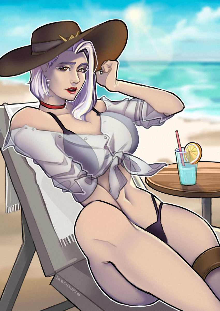 1girls 2d alternate_version_available areolae artist_name ashe_(overwatch) beach beach_chair bikini bikini_bottom bikini_top blizzard_entertainment breasts brown_eyes choker clothed clothed_female drink female_only hat heart-shaped_pupils holding_hat hourglass_figure knotted_shirt large_breasts leg_up lipstick looking_at_viewer medium_hair navel nipple_bulge nipples_visible_through_clothing overwatch red_lipstick saechko sea see-through see-through_clothing see-through_shirt shirt shirt_down sideboob solo solo_female weapon white_hair