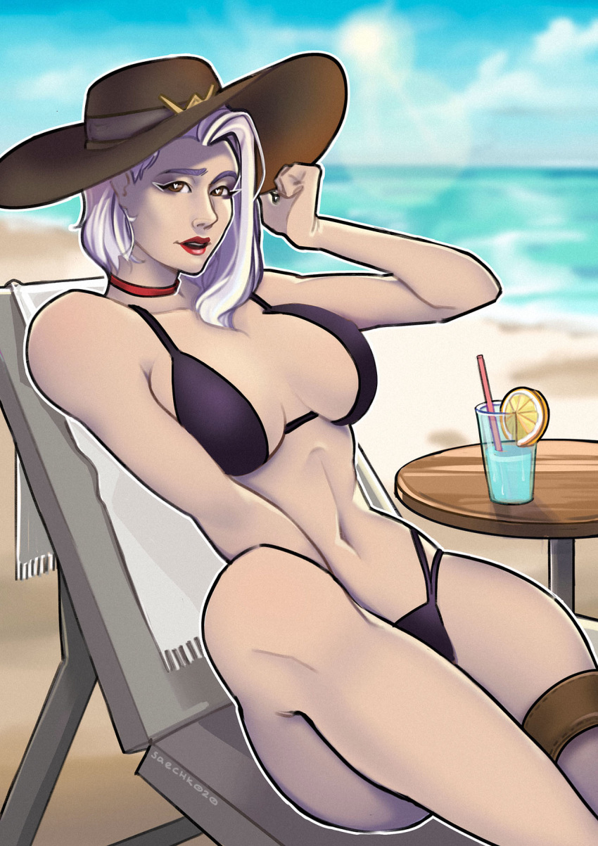 1girls 2d alternate_version_available areolae artist_name ashe_(overwatch) beach beach_chair bikini bikini_bottom bikini_top blizzard_entertainment breasts brown_eyes choker clothed clothed_female drink female_only hat heart-shaped_pupils holding_hat hourglass_figure large_breasts leg_up lipstick looking_at_viewer medium_hair navel nipple_bulge nipples_visible_through_clothing overwatch red_lipstick saechko sea sideboob solo solo_female weapon white_hair