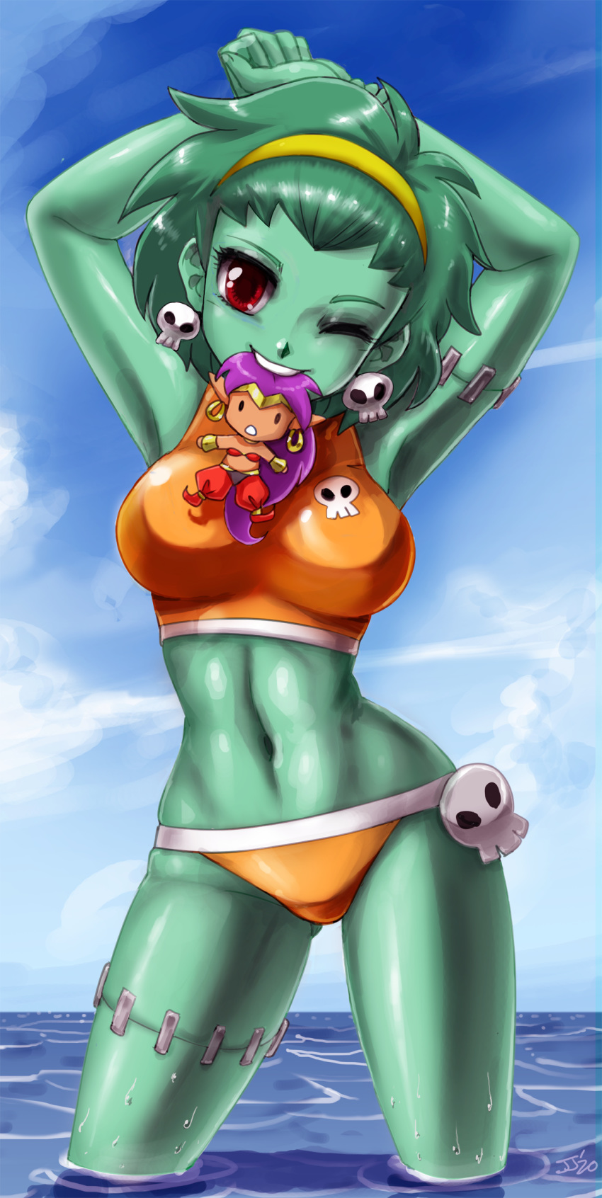 bikini_bottom green_hair green_skin john_joseco looking_at_viewer monster_girl rottytops shantae smooth_skin tagme wink zombie_girl