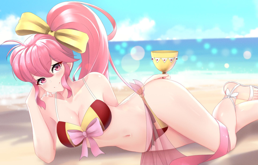 1girls bare_legs bare_shoulders beach big_breasts bikini breasts camilitrox_cr cleavage cup fire_emblem fire_emblem:_mystery_of_the_emblem glass hand_to_face long_hair looking_at_viewer lying lying_sideways midriff nintendo phina_(fire_emblem) pink_eyes pink_hair ponytail red_bikini red_swimsuit seaside see-through solo solo_female swimsuit veil wide_hips