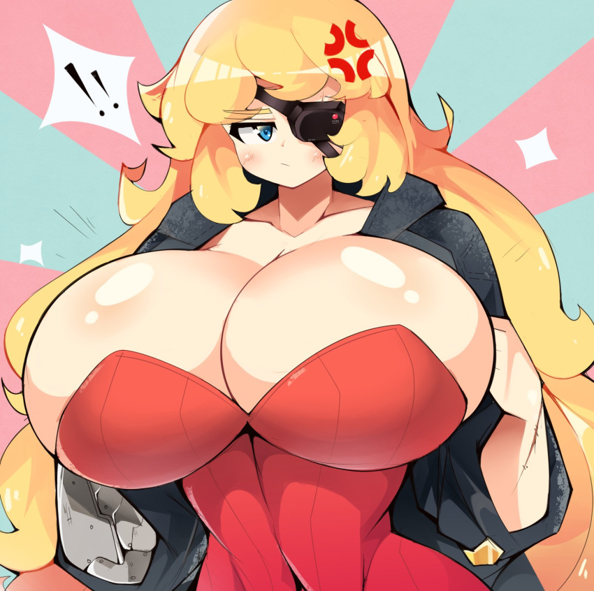 !! angry big_breasts blonde_hair blue_eyes blush breasts breasts_bigger_than_head bursting_breasts captain_talbot_(ch3rrycupcakes) ch3rrycupcakes corset eye_patch hair huge_breasts large_breasts long_hair looking_away overflowing_breasts red_dress thin_waist tight_clothing