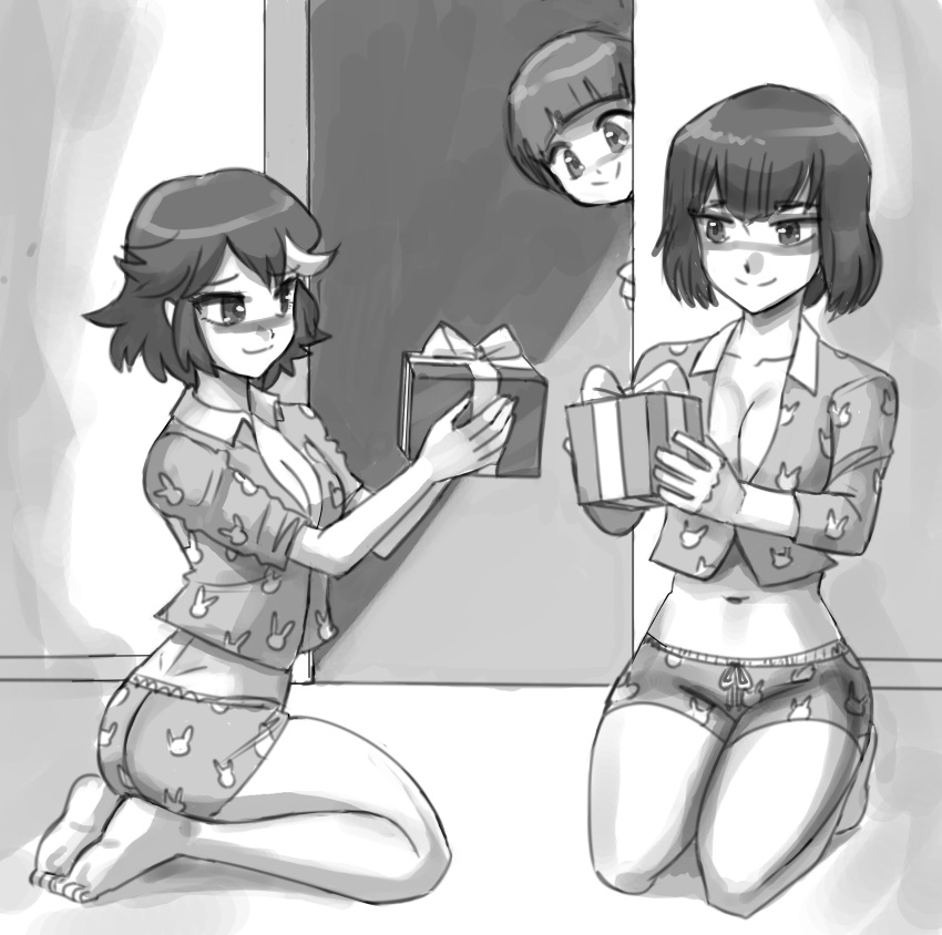 3girls blush cleavage john_joseco kill_la_kill kiryuuin_satsuki mankanshoku_mako matoi_ryuuko pajamas presents short_hair short_shorts tagme