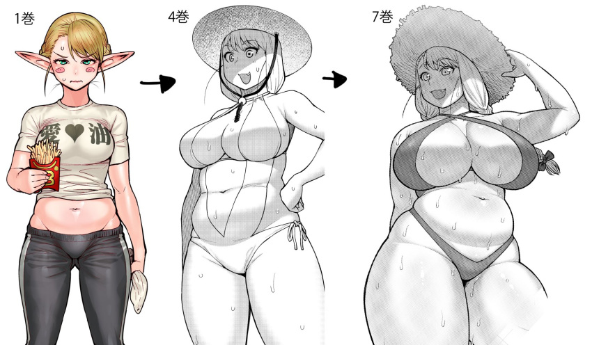 1girls :3 big_breasts bikini blonde_hair breasts chubby chubby_female curvy cute_fang elf elf-san_wa_yaserarenai elf_ears elfuda female huge_breasts humanoid pale-skinned_female pale_skin plump pointy_ears short_hair side-tie_bikini sling_bikini sun_hat sweat sweatdrop swimsuit synecdoche thick_thighs wide_hips