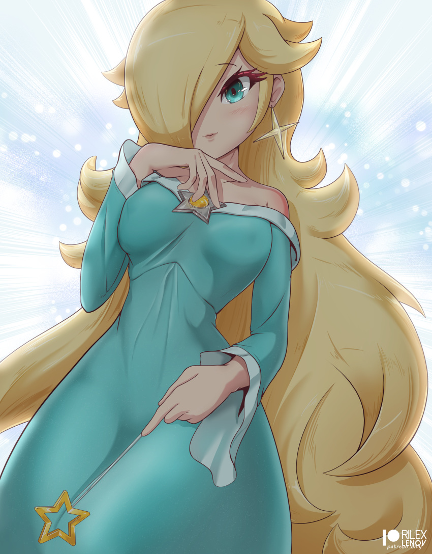 blonde blue_eyes blushing_at_viewer cyan_dress dress hi_res mario_(series) nintendo nipples_visible_through_clothing png princess_dress princess_rosalina rilex_lenov super_mario_galaxy wand