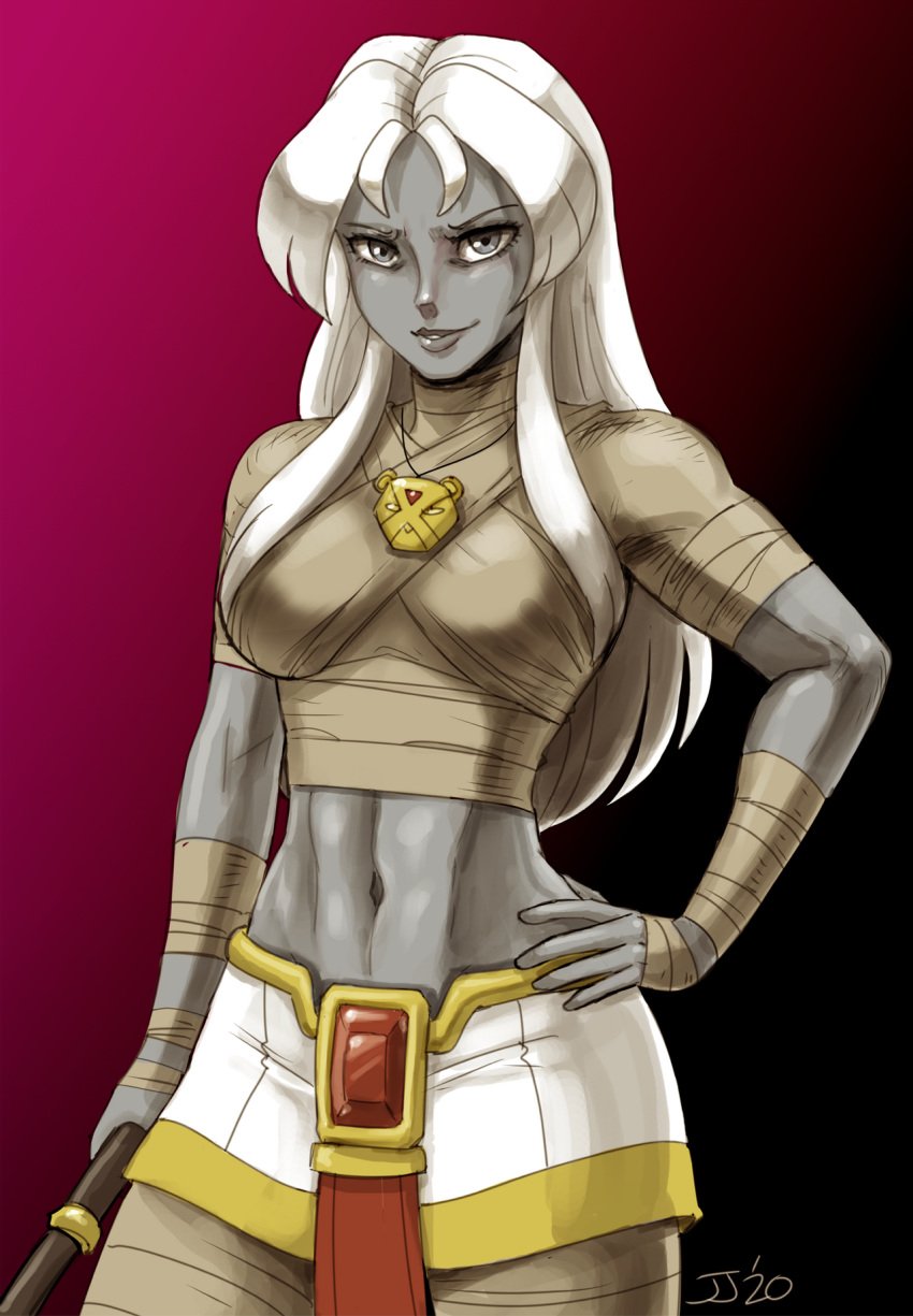 athletic_female bandages breasts female female_only grey_eyes grey_skin hand_on_hip john_joseco long_hair looking_at_viewer monster_girl mummies_alive mummy navel nefer-tina smile smiling_at_viewer tagme white_hair