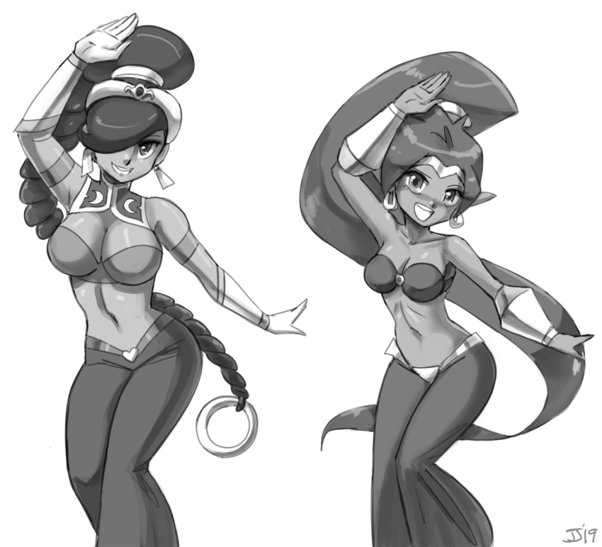 2girls cleavage female female_only john_joseco long_hair looking_at_viewer monochrome multiple_girls navel rouge_(power_stone) shantae shantae_(character) smile smooth_skin tagme