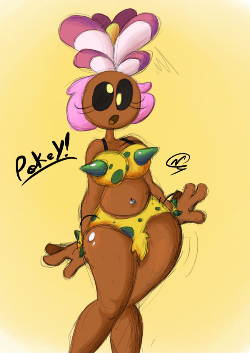 1girls anthro bikini cross_eyed dancing dark-skinned_female dark_eyes dark_skin female female_only jiggle mario_(series) open_mouth paddycakes! piercing pokey_(mario) simple_background solo standing thighs wide_hips yellow_background