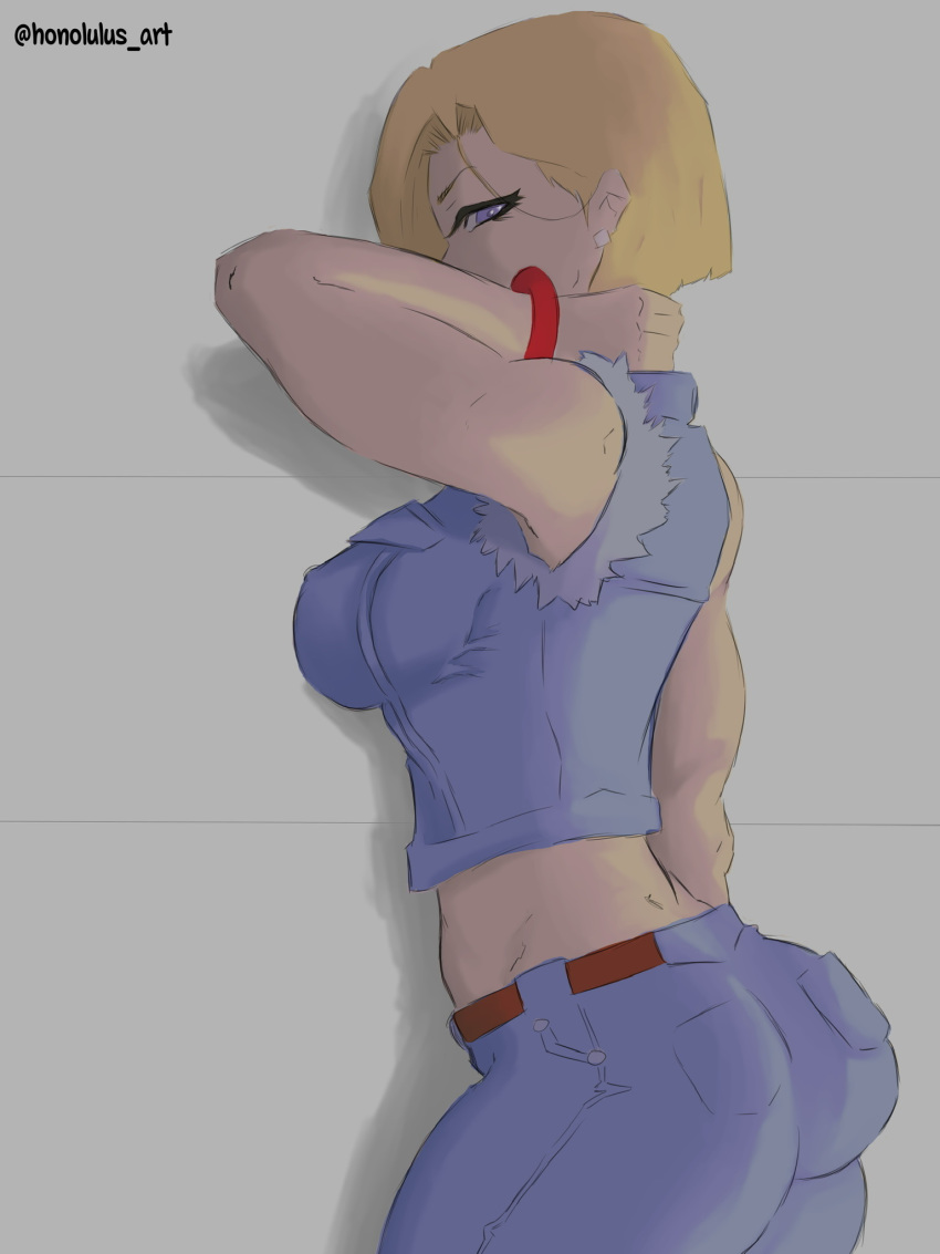 1girls android android_18 artist_name ass big_breasts blonde_hair bracelet breasts crop_top curvaceous curves curvy curvy_body curvy_female curvy_figure curvy_hips denim denim_clothing dragon_ball dragon_ball_z earrings fanart female female_focus female_only honolulusart hourglass_figure looking_at_viewer looking_back red_bracelet shounen_jump solo solo_female solo_focus tagme watermark