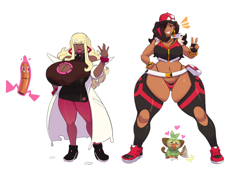 amber_(carmessi) ass_visible_through_thighs ass_vs_breasts blonde_hair bottom_heavy breast_size_difference butt_size_difference carmessi chaps cleavage cum dark-skinned_female earrings gala grookey huge_ass hyper_ass hyper_breasts lipstick looking_at_viewer peace_sign pokemon squish thigh_squish thong top_heavy wide_hips wink winking_at_viewer