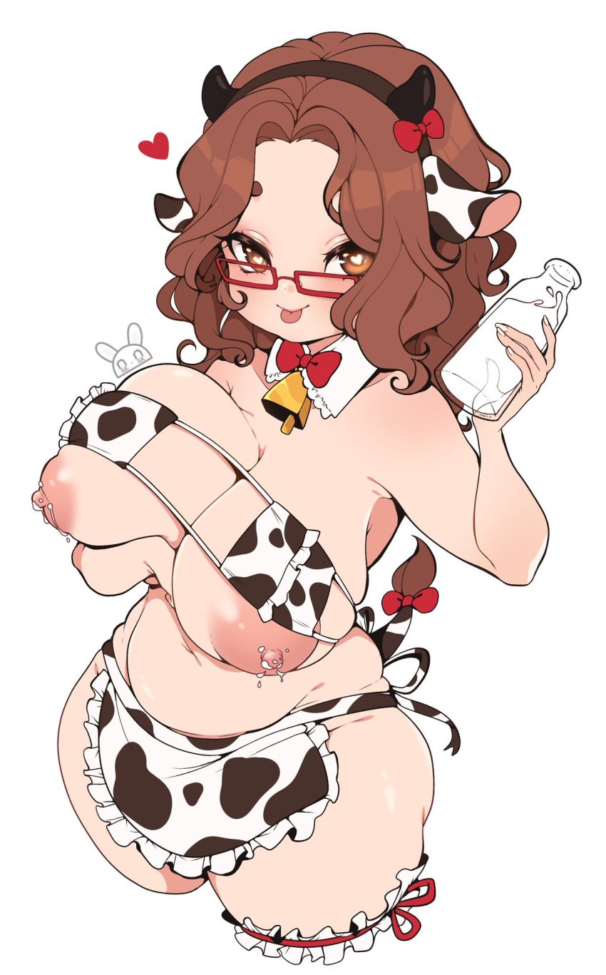 1girls apron big_breasts breast_milk breasts brown_hair busty chubby cleavage cow_bikini cow_ears cow_horns cow_print cowbell eyepatch_bikini eyewear female female_only glasses huge_breasts lactation large_breasts long_hair milk milk_bottle niucniuc slightly_chubby solo white_background