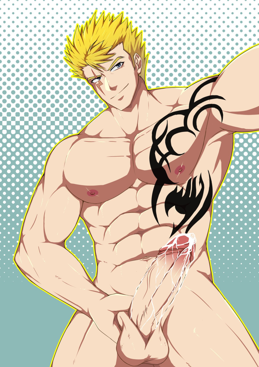 bara big_penis blonde_hair cum fairy_tail grin kiiru114 laxus_dreyar leaking male male_only masturbation muscles muscular_male precum simple_background solo solo_male tattoo yellow_hair