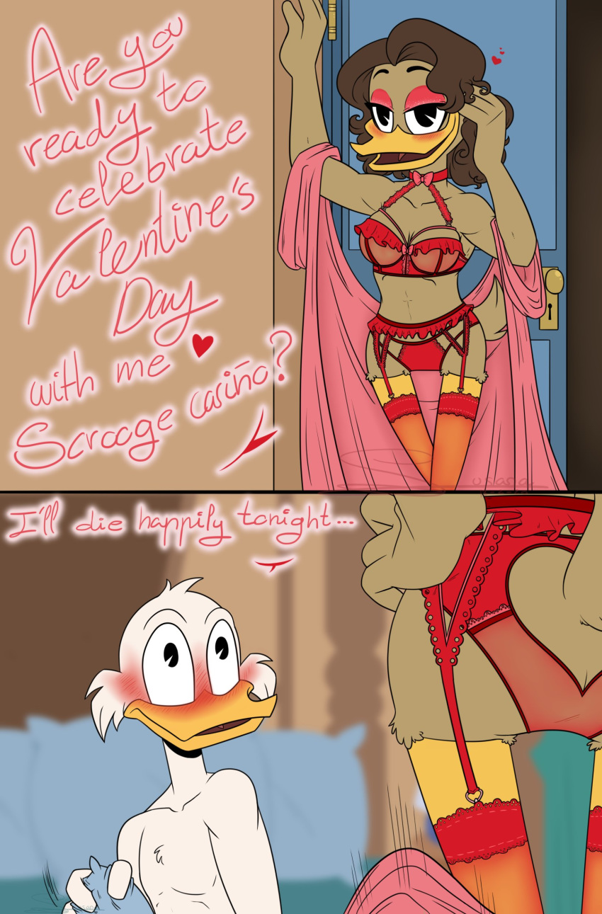 absurd_res anatid anseriform anthro avian bedroom bedroom_eyes bedroom_setting bird bra clothed clothed/nude clothing comic couple_(disambiguation) disney duck ducktales ducktales_(2017) female heart hi_res holidays latina legwear lingerie male maria_antonia_magdalena_aldonsa_cabrera narrowed_eyes nervous nude officer panties pose scrooge_mcduck seductive smile stockings straight tejedora7 tight_clothing underwear undressing valentine's_day wide_hips