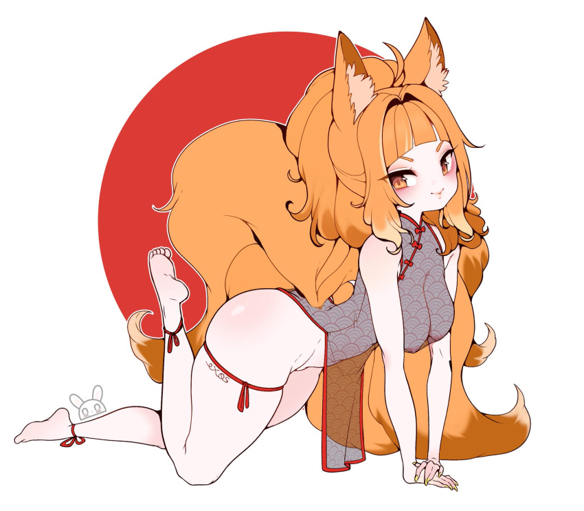 1girls all_fours big_breasts breasts chinese_clothes female female_only fox_ears fox_tail kemonomimi kitsune looking_at_viewer niucniuc no_bra orange_hair see-through see-through_clothing smile soles solo thick_thighs thighs tied_hair