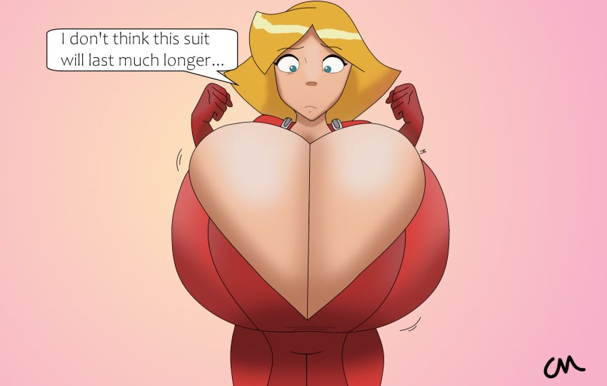 blonde_hair blue_eyes breast_expansion breast_growth cartoon_network choccymalk cleavage clover_(totally_spies) expansion female female_only jumpsuit looking_down motion_lines speech_bubble surprised totally_spies wide_eyed