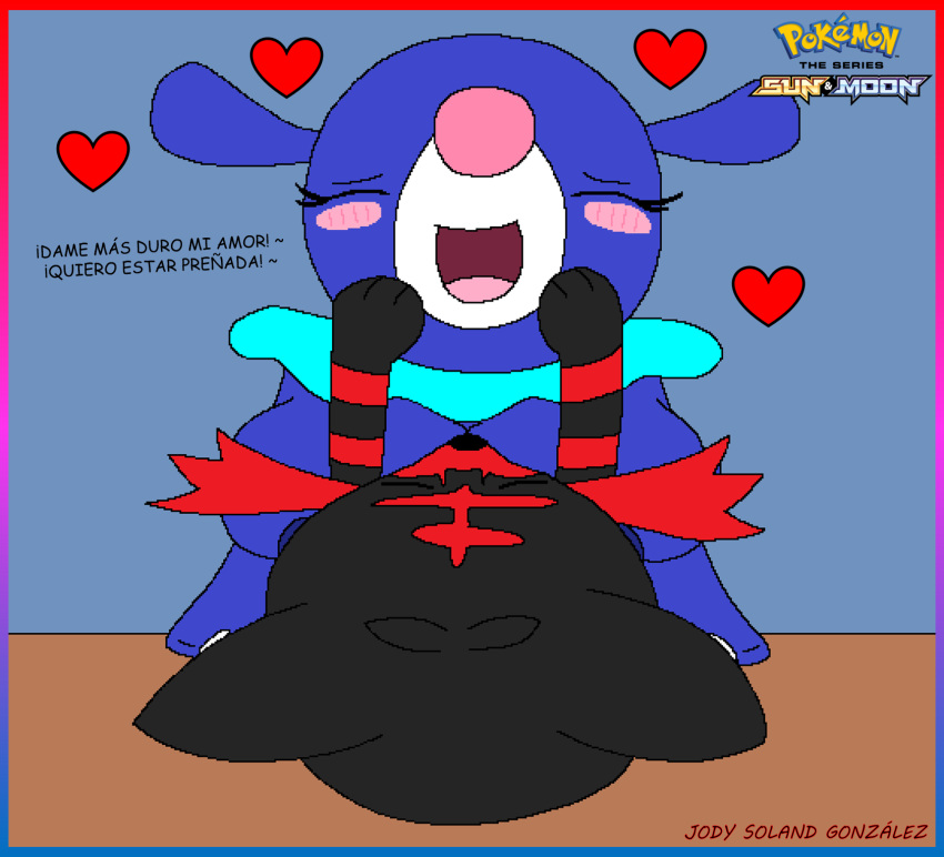 2022 areola big_breasts blush blush_lines blushing bouncing_breasts breasts dialogue heart_stickers litten logo microsoft_paint moan moaning moaning_in_pleasure nipples pixel_art pokemon pokemon_sm popplio sex solandgamer75 spanish_text watermark