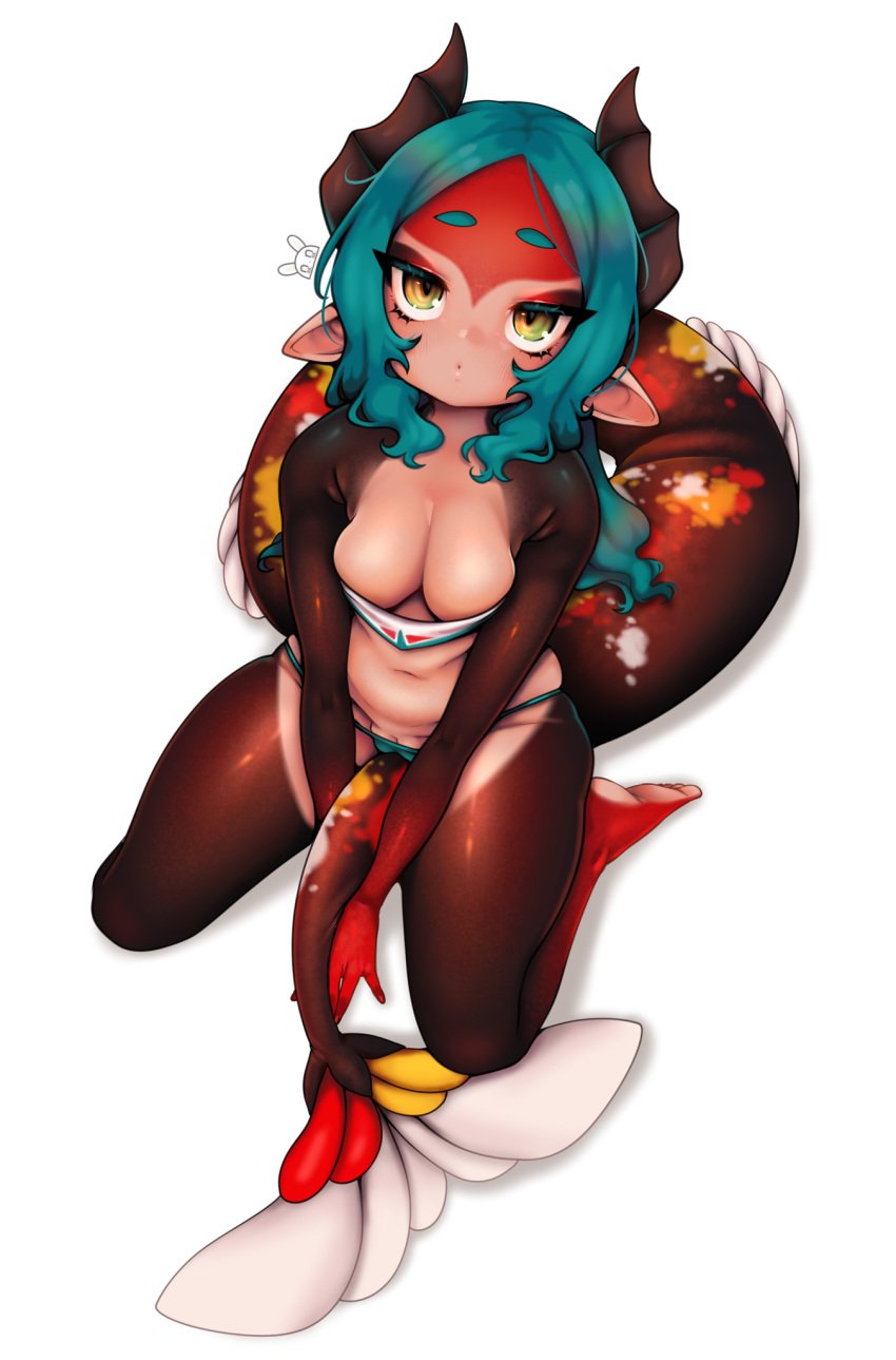 1girls blue_hair cameltoe cleavage female female_only fish_humanoid from_above horns humanoid kneeling long_hair looking_at_viewer marine niucniuc pointy_ears pussy_peek sitting_on_tail skimpy slightly_chubby soles solo sumi_(niucniuc) white_background