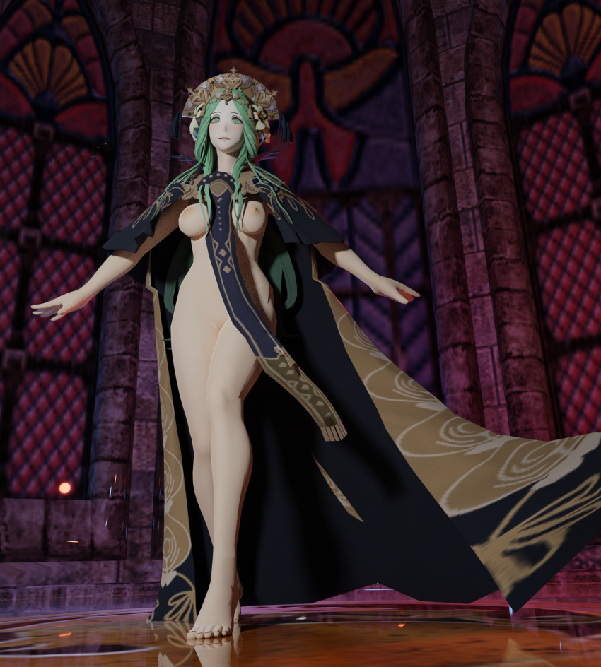 3d barefoot big_breasts cape fire_emblem fire_emblem:_three_houses green_eyes green_hair hazelderp large_breasts long_hair naked_cape nintendo nipples nude nude_female rhea_(fire_emblem) source_smaller