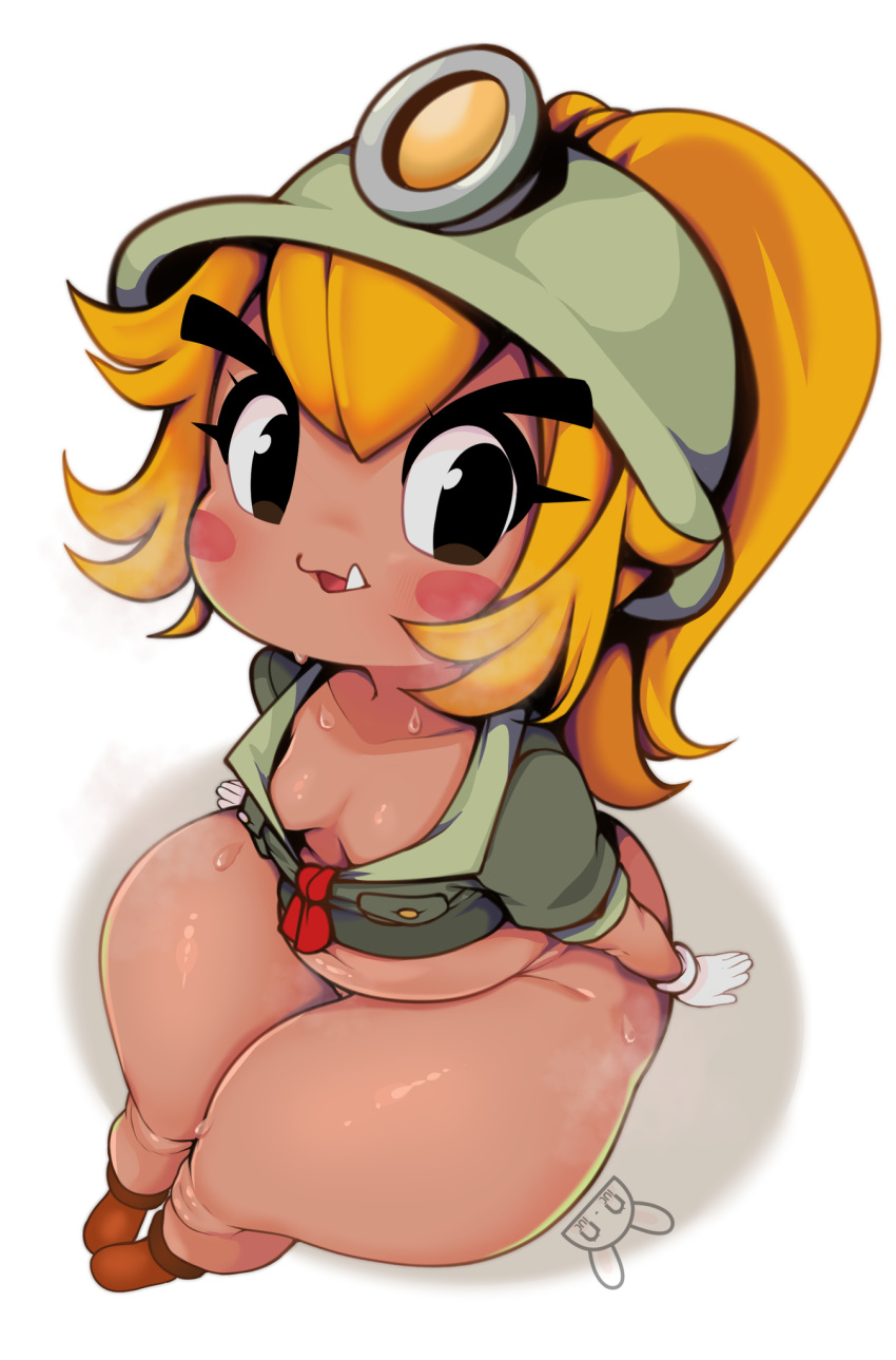 1girls ass black_eyes blonde_hair bottom_heavy chubby cute female female_only flat_chest flat_chested from_above goomba goombella long_hair looking_at_viewer mario_(series) nintendo niucniuc paper_mario paper_mario:_the_thousand-year_door sitting slightly_chubby small_breasts solo thick_thighs thighs tusks white_background