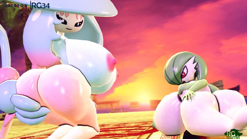 2girls 3d big_breasts breasts female female_only gardevoir hatterene huge_breasts hyper hyper_ass hyper_breasts large_breasts pokemon pokemon_(species) rgtdwtbr source_filmmaker