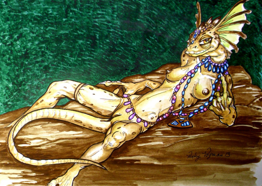 anthro beckoning bedroom_eyes breasts claws female frill_(anatomy) gesture half-closed_eyes jewelry lizard lizard_queen looking_at_viewer mature_female membrane_(anatomy) membranous_frill necklace nipples nude old pussy reptile scales scalie seductive smile solo traditional_media_(artwork) vicky_wyman