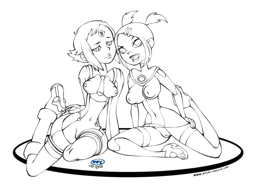 00s 2girls black_and_white breasts clothing crossover diebuster dress female female_only gainax gunbuster human lal'c_melk_mark nipples pussy sari_sumdac short_hair sketch transformers transformers_animated turk128