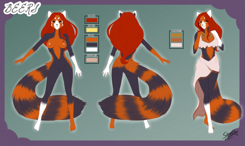 2014 ass black_fur breasts clothing color_palette female fur hair long_hair looking_at_viewer mammal model_sheet nipples orange_fur red_hair red_panda steel_tigerwolf white_fur yellow_eyes