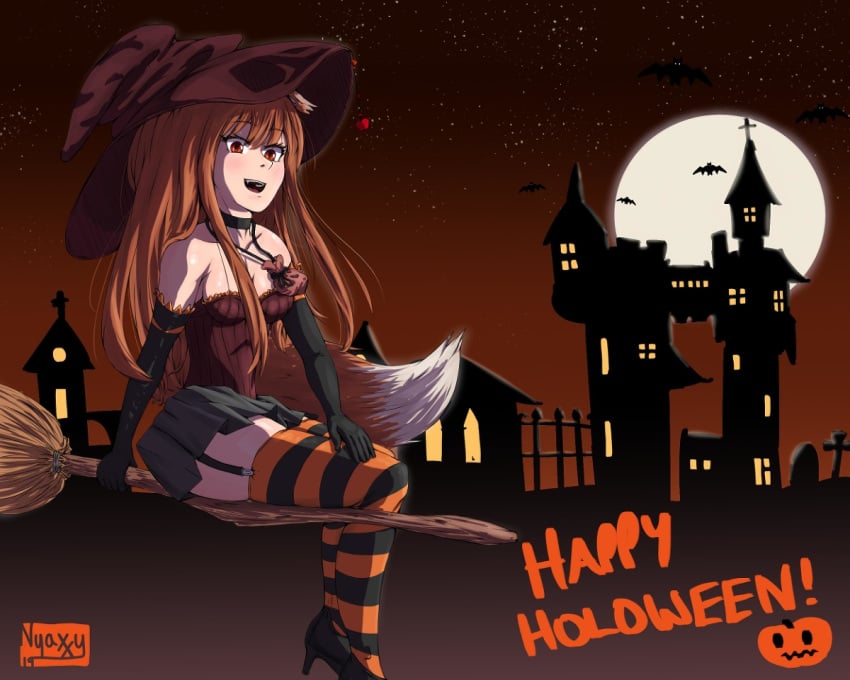 breasts broom brown_hair cosplay cute fat_thighs female halloween halloween_costume holo looking_at_viewer nyaxxy red_eyes socks spice_and_wolf stockings thick_thighs thighs witch witch_hat