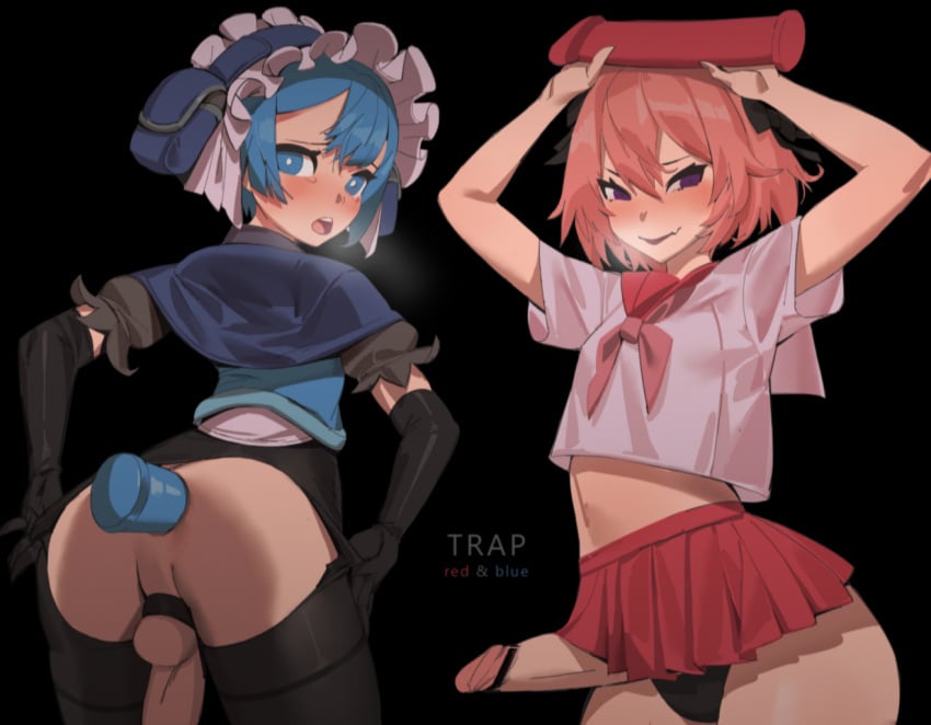 2boys anal anal_insertion astolfo_(fate) balls bar_censor blue_hair censored censored_penis dick dildo elbow_gloves erection fate/grand_order fate_(series) femboy girly has_uncensored_version ineffective_censorship made_in_abyss male male_only marulk oreomanko penis sex_toy simple_background skirt trap