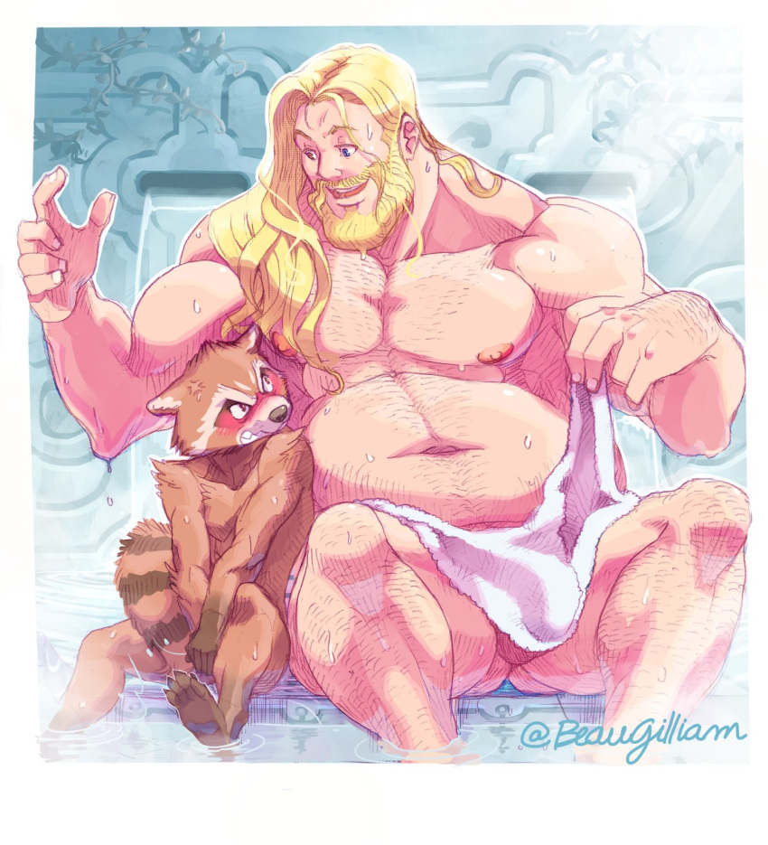 2boys anthro asgardian balls bara beard beaugilliam belly bulge chubby chubby_male deity dilf fat_thor gay guardians_of_the_galaxy human human_on_anthro interspecies interspecies_yaoi light-skinned_male light_skin male male_only marvel marvel_comics muscular penis_outline procyonid raccoon rocket_raccoon thor_(marvel) thor_(series) towel yaoi