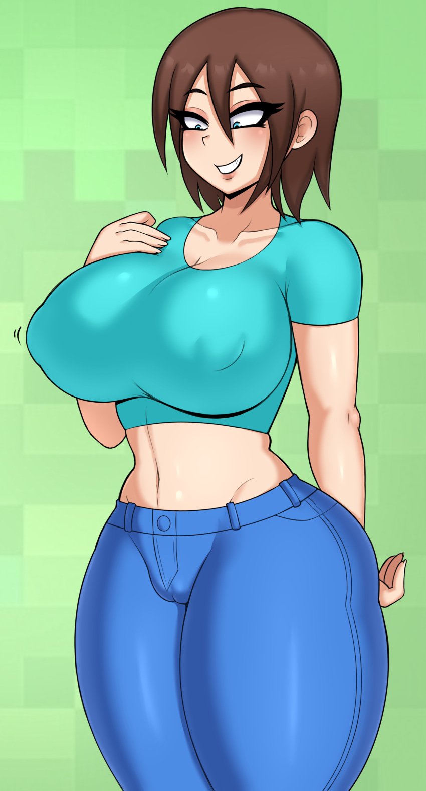 1girls areola_bulge big_breasts breasts cameltoe drunkavocado female female_only female_steve jeans large_breasts microsoft minecraft mojang rule_63 solo stella_(femsteve) steve_(minecraft) thick_thighs wide_hips