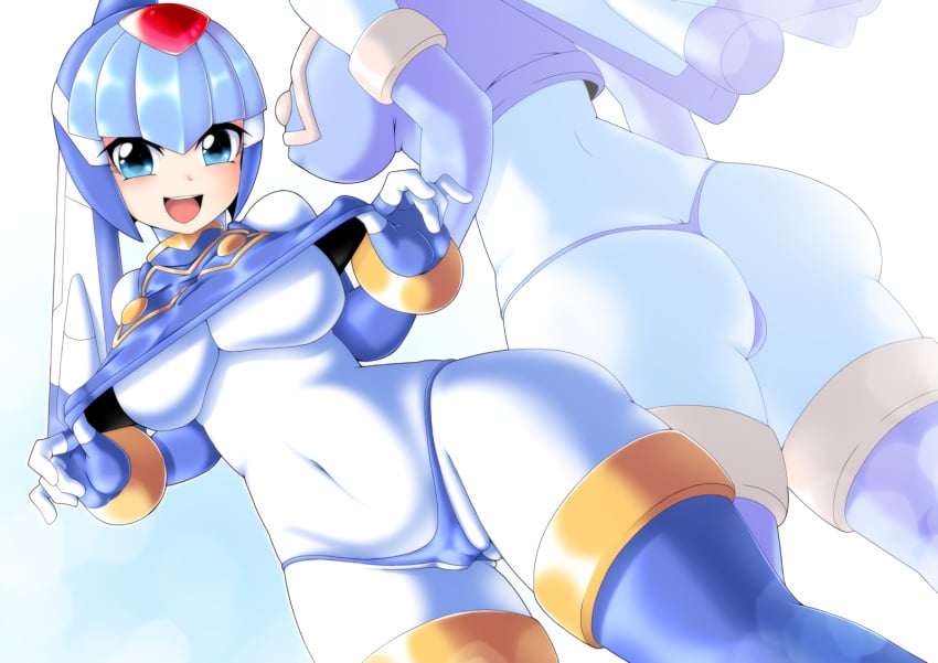 1girls :d android ass ass_visible_through_thighs bangs blue_eyes blue_hair blue_panties blue_sky blush bodysuit boots breasts cameltoe covered_navel covered_nipples day dutch_angle elbow_gloves fairy_leviathan fingerless_gloves from_below gloves gold_trim head_tilt helmet highleg_panties large_breasts lifted_by_self light_particles looking_at_viewer mega_man mega_man_zero multiple_views open_mouth outdoors panties panties_over_bodysuit partially_visible_vulva reploid robot robot_girl semikichi shiny shiny_hair shirt_lift skin_tight sky smile thigh_boots thigh_gap thighhighs thong tongue underwear white_bodysuit wide_hips